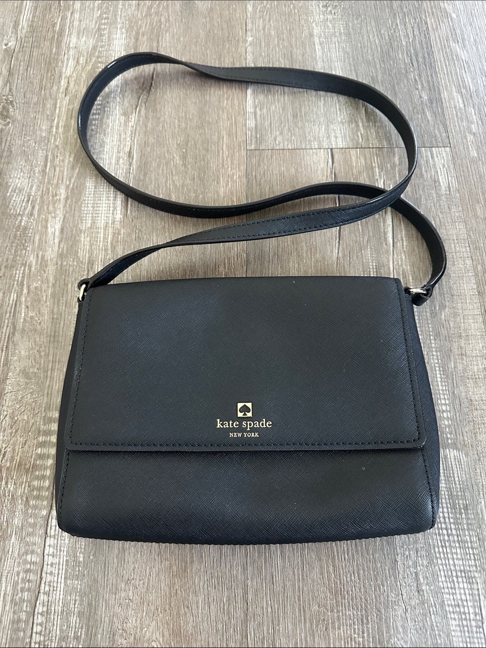 kate spade Black Leather Crossbody with Gold Logo